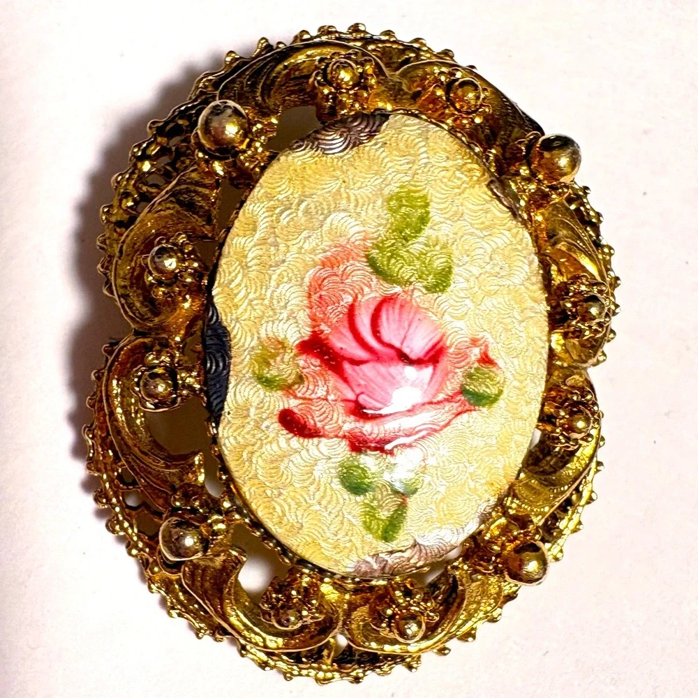 Vintage 1960s floral Gold tone Guilloché enameled hand painted Rose Brooch